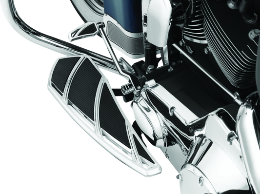 Chrome Kuryakyn Phantom Floorboards for Harley-Davidson motorcycle showcasing sleek metal footrest platforms