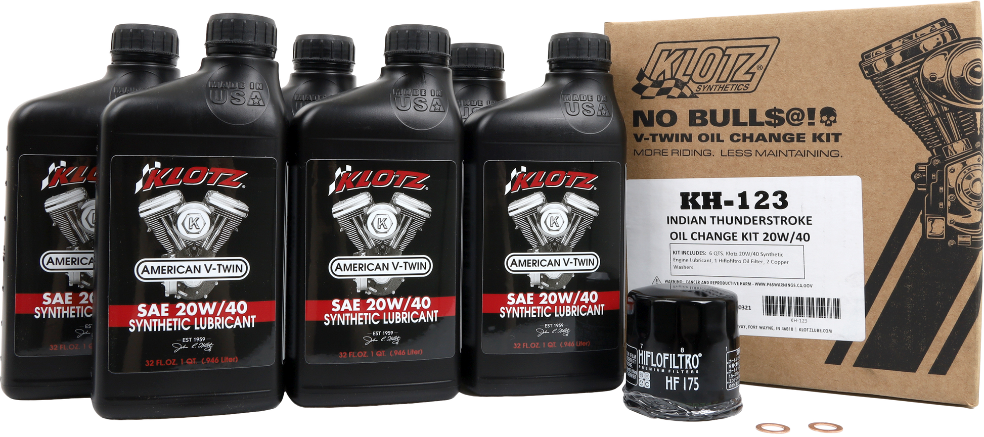 KLOTZ Indian Thunderstroke 6 Quart Synthetic Oil Change Kit with oil filter and tools for motorcycle maintenance