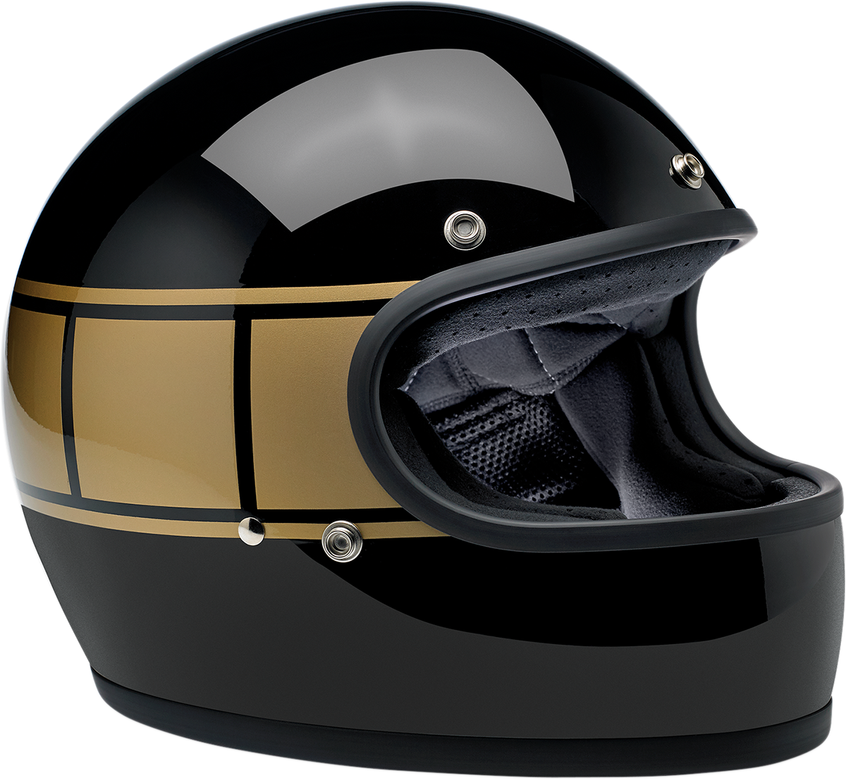 Gloss black Biltwell Gringo helmet in XS size, featuring a classic open-face design with a secure strap and ventilation.