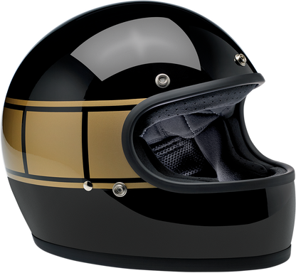 Gloss black Biltwell Gringo helmet in XS size, featuring a classic open-face design with a secure strap and ventilation.