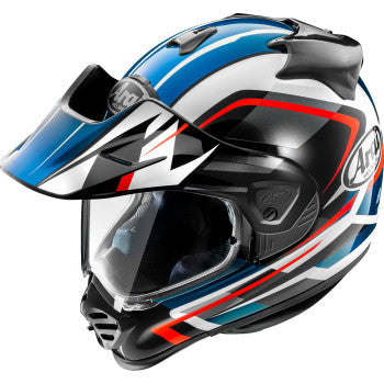 Arai XD-5 Discovery blue helmet on a mannequin head, showing the large size with clear visors and ventilation features.