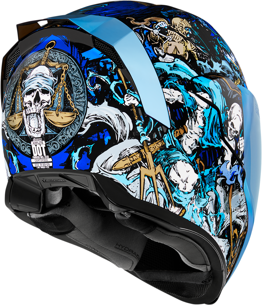 Blue ICON Airflite™ helmet with 4Horsemen design, large size, featuring sleek aerodynamic shape and clear visor.