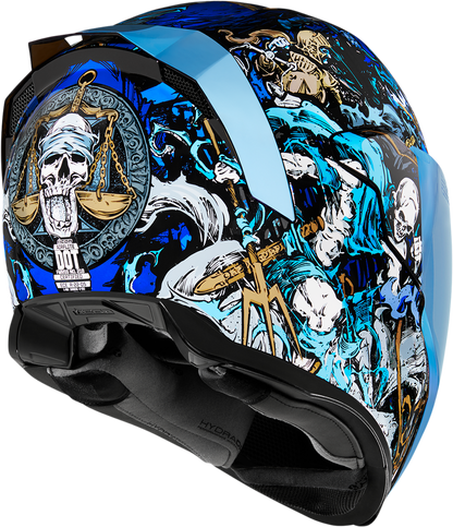 Blue ICON Airflite™ helmet with 4Horsemen design, large size, featuring sleek aerodynamic shape and clear visor.