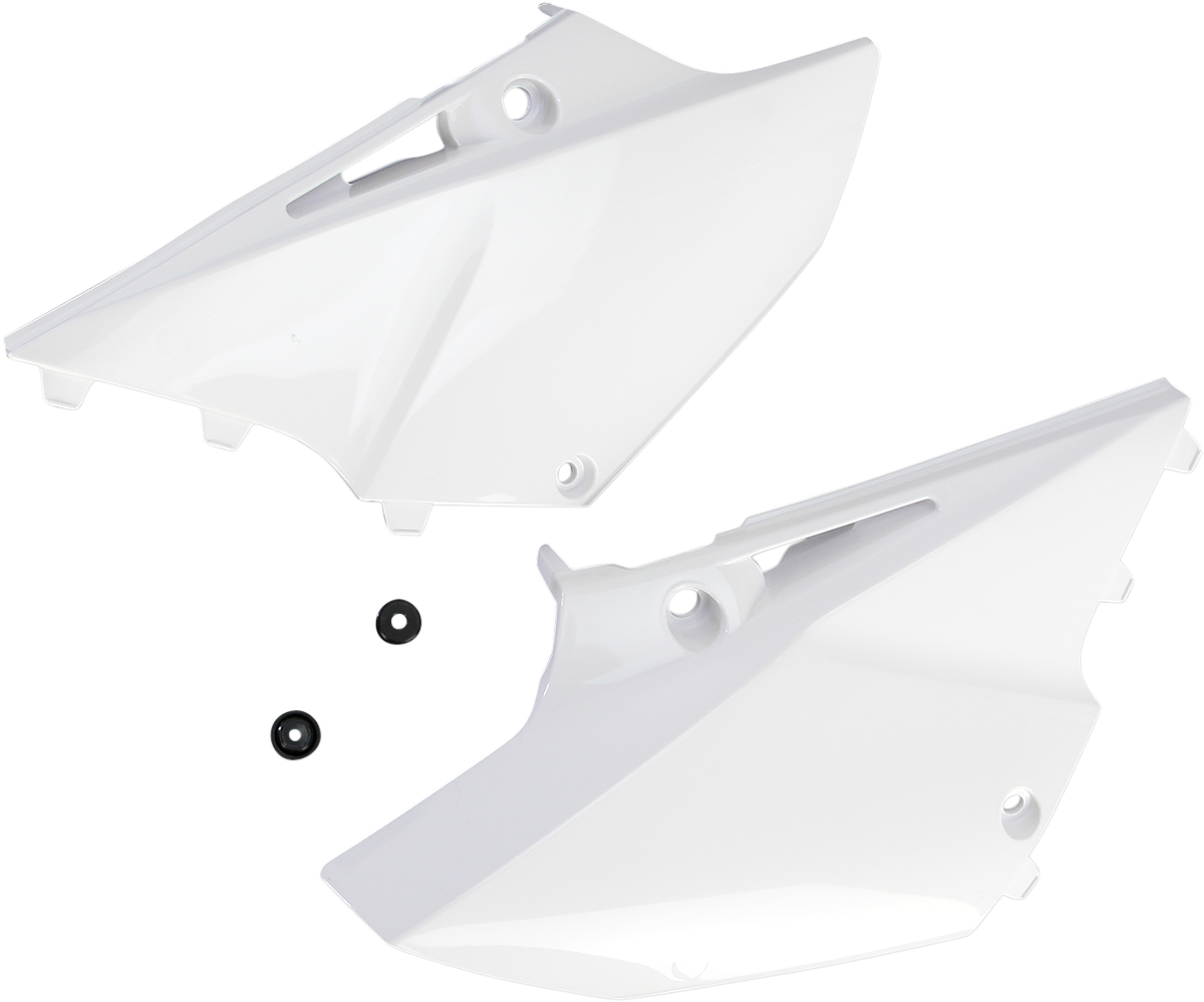 White Acerbis side panels for motorcycle body, showing sleek design and brand logo on a reflective surface.