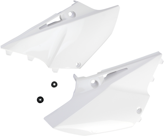 White Acerbis side panels for motorcycle body, showing sleek design and brand logo on a reflective surface.