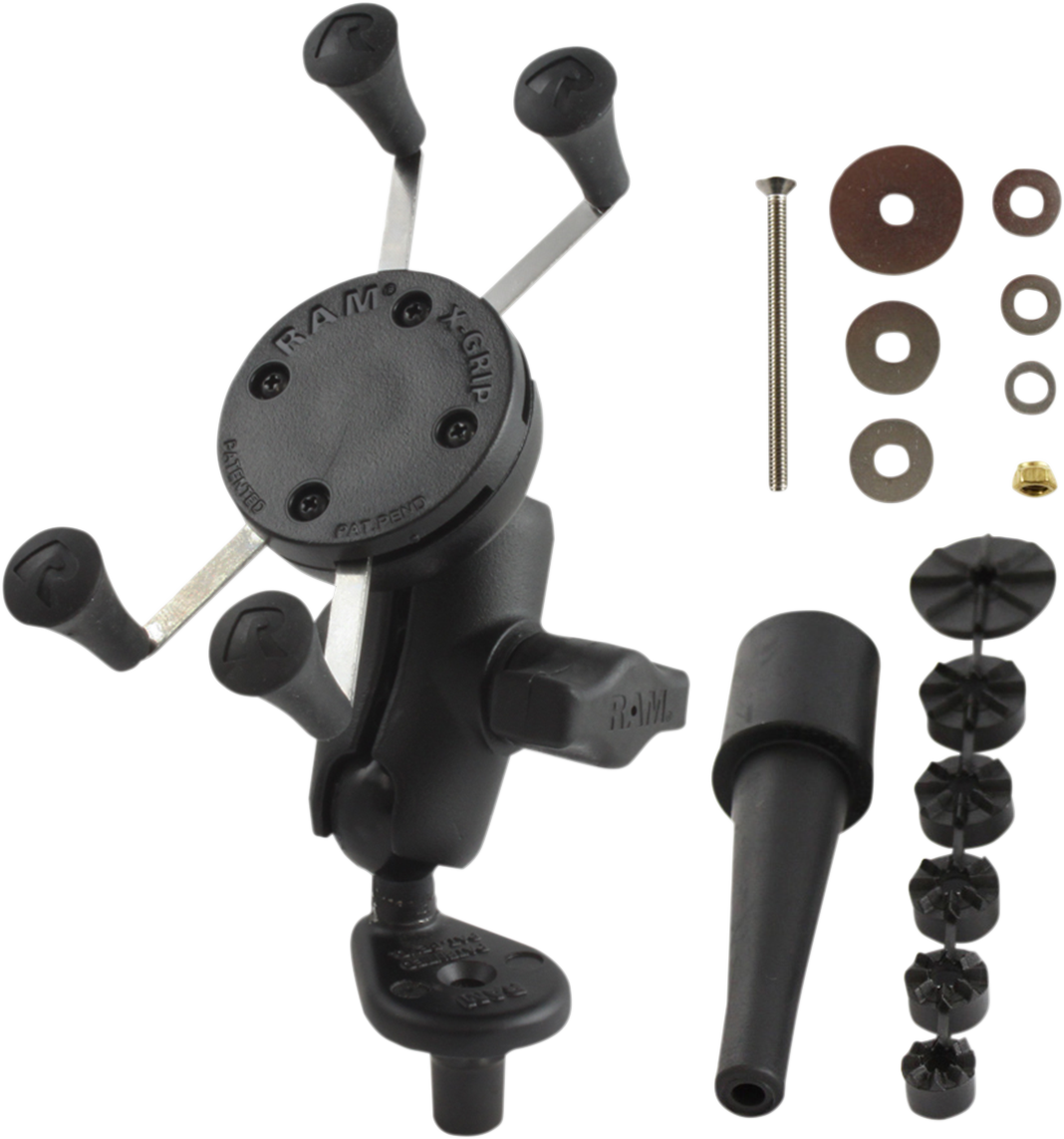 Bill's Exhausts RAM Mounts X-Grip kit attached to bike fork stem, engine mount with rubber grips for secure device attachment