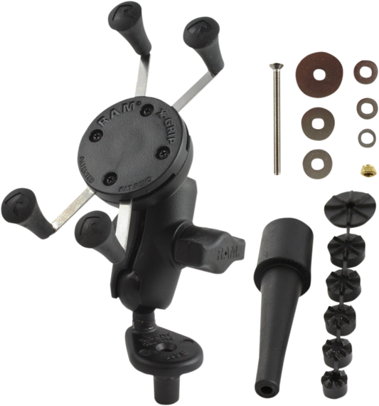 Bill's Exhausts RAM Mounts X-Grip kit attached to bike fork stem, engine mount with rubber grips for secure device attachment