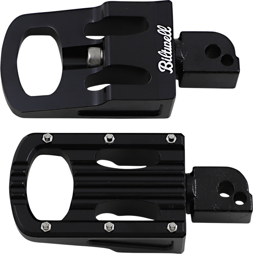 Black BILTWELL Punisher passenger footpeg for M8 motorcycles, showcasing the sturdy body and detailed design.