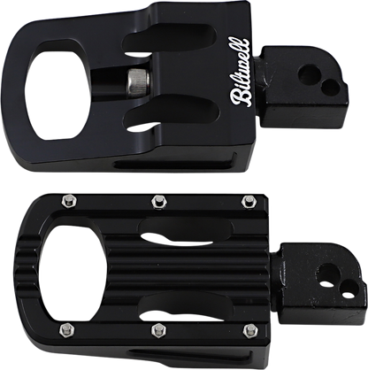 Black BILTWELL Punisher passenger footpeg for M8 motorcycles, showcasing the sturdy body and detailed design.