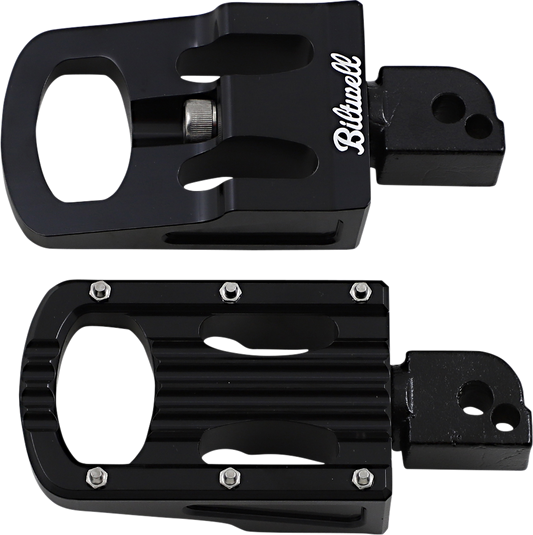 Black BILTWELL Punisher passenger footpeg for M8 motorcycles, showcasing the sturdy body and detailed design.