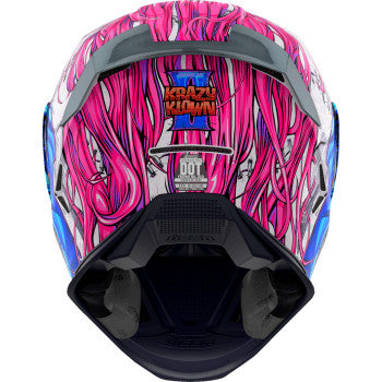Pink ICON Airframe Pro™ motorcycle helmet with Krazy Klown 2 design, medium size, featuring vibrant graphics and sleek aerodynamic shape.