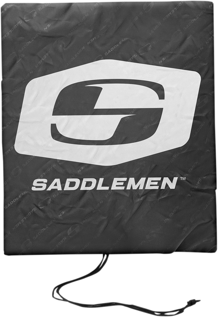 SADDLEMEN TR2300DE TL Sissy Bar Bag mounted on motorcycle seat with brand logo, durable black storage bag for bike accessories