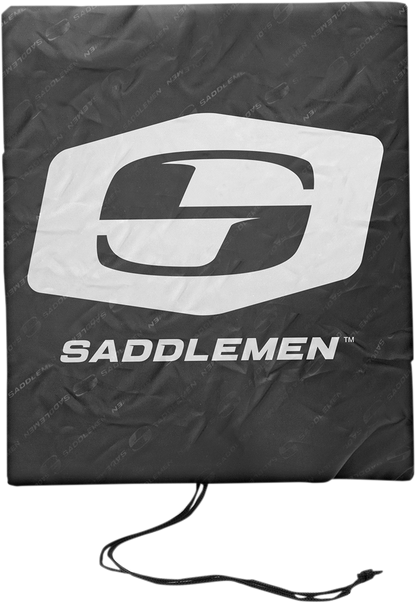 SADDLEMEN TR2300DE TL Sissy Bar Bag mounted on motorcycle seat with brand logo, durable black storage bag for bike accessories
