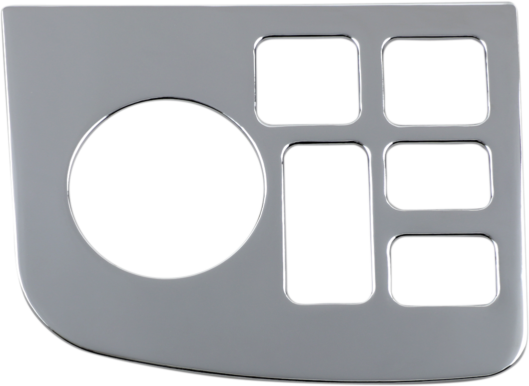 Chrome left control panel accent for engine, compatible with Bill's Exhausts model 52-685, featuring a shiny chrome finish.