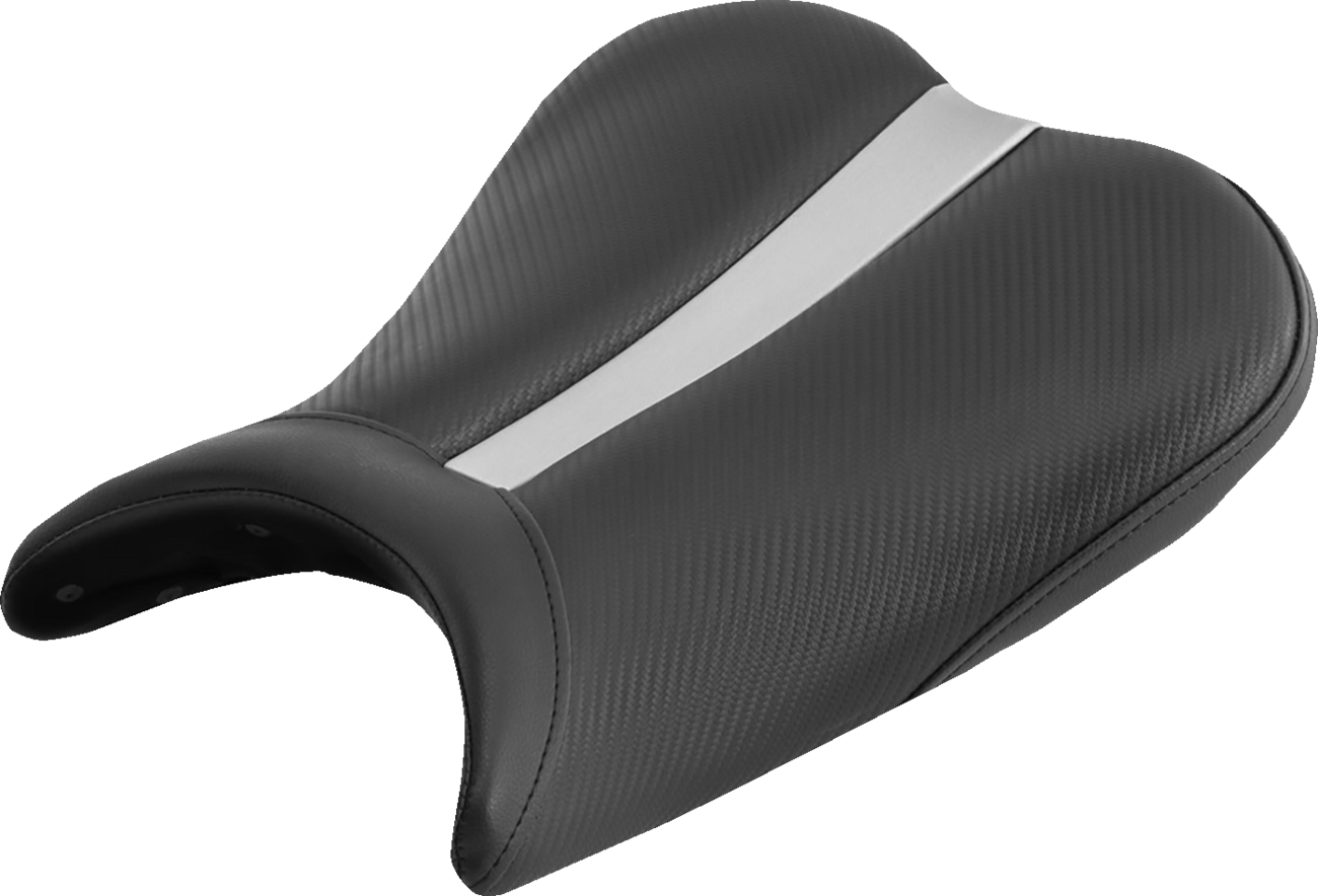 SADDLEMEN Gel-Channel Track Seat for GSXR 6/7 motorcycle, showing the black seat with gel padding and sleek design.