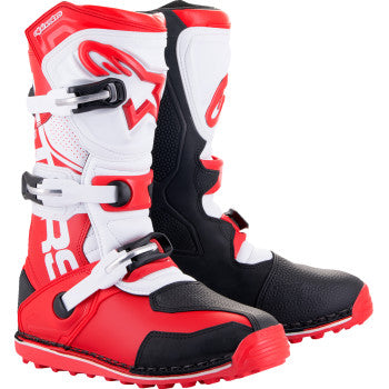 Alpinestars Tech-T motorcycle boots in red, black, and white with US size 7, featuring sturdy design and protective features.