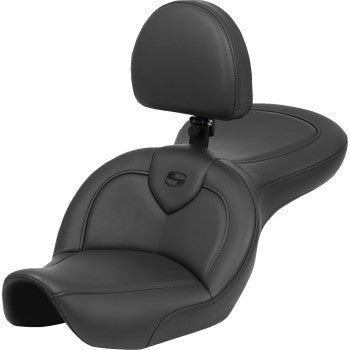 Black SADDLEMEN Roadsofa™ seat with backrest for FXDWG 1996-2023, designed for Harley Davidson motorcycles.
