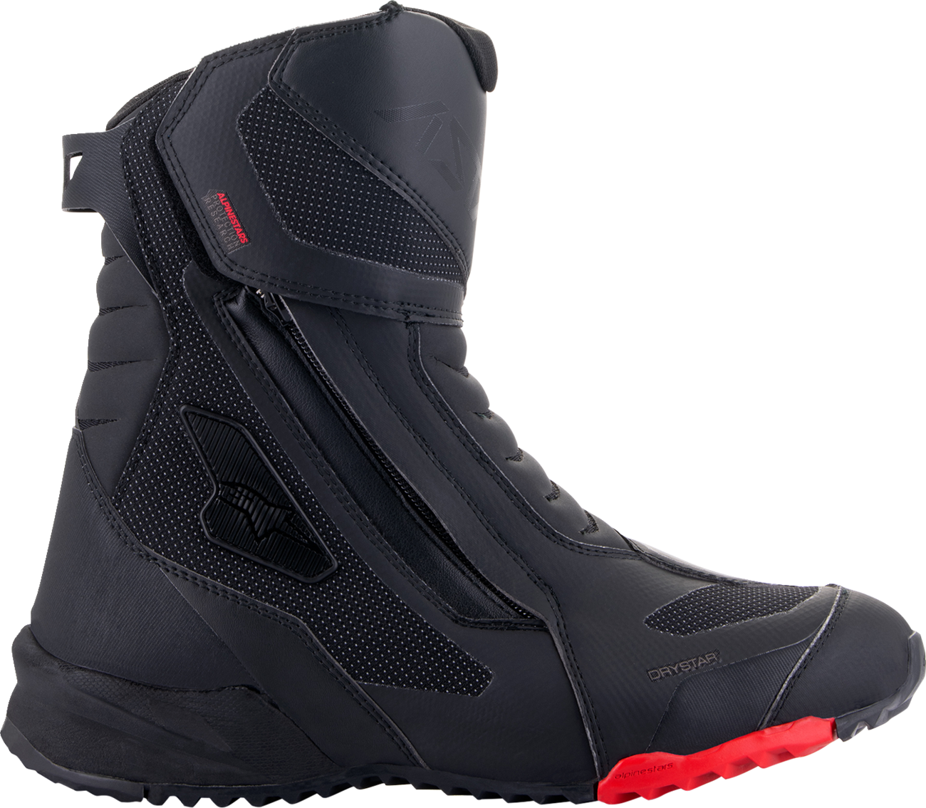 Black Alpinestars Stella RT-7 Drystar® motorcycle boots with protective details and sturdy soles, US size 3.5.