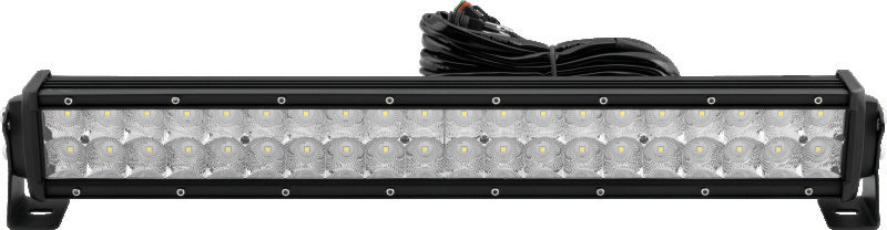 QuadBoss 22-inch double row LED light bar with combo flood and spot beams mounted on a vehicle for off-road lighting.