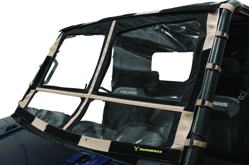 QuadBoss soft windshield with screen options for 2015-2019 Polaris Ranger 1000 Diesel UTV, shown installed on vehicle.