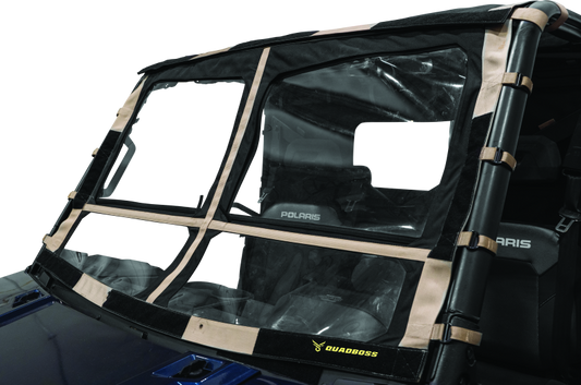 QuadBoss soft windshield with screen options for 2015-2019 Polaris Ranger 1000 Diesel UTV, shown installed on vehicle.