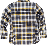 ScorpionEXO Women's Covert flannel riding shirt in white and yellow with Kevlar lining, size 2X, for motorcycle safety and style.