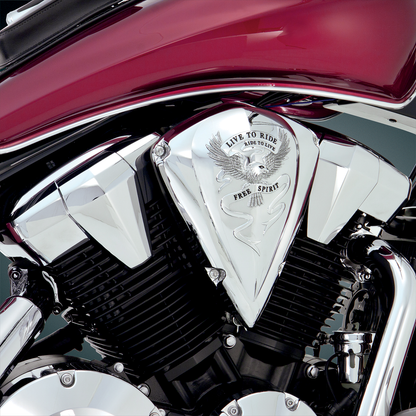 Bill's Exhausts SHOW CHROME Air Cleaner Cover for VT1300 engine, with shiny chrome finish and detailed design.