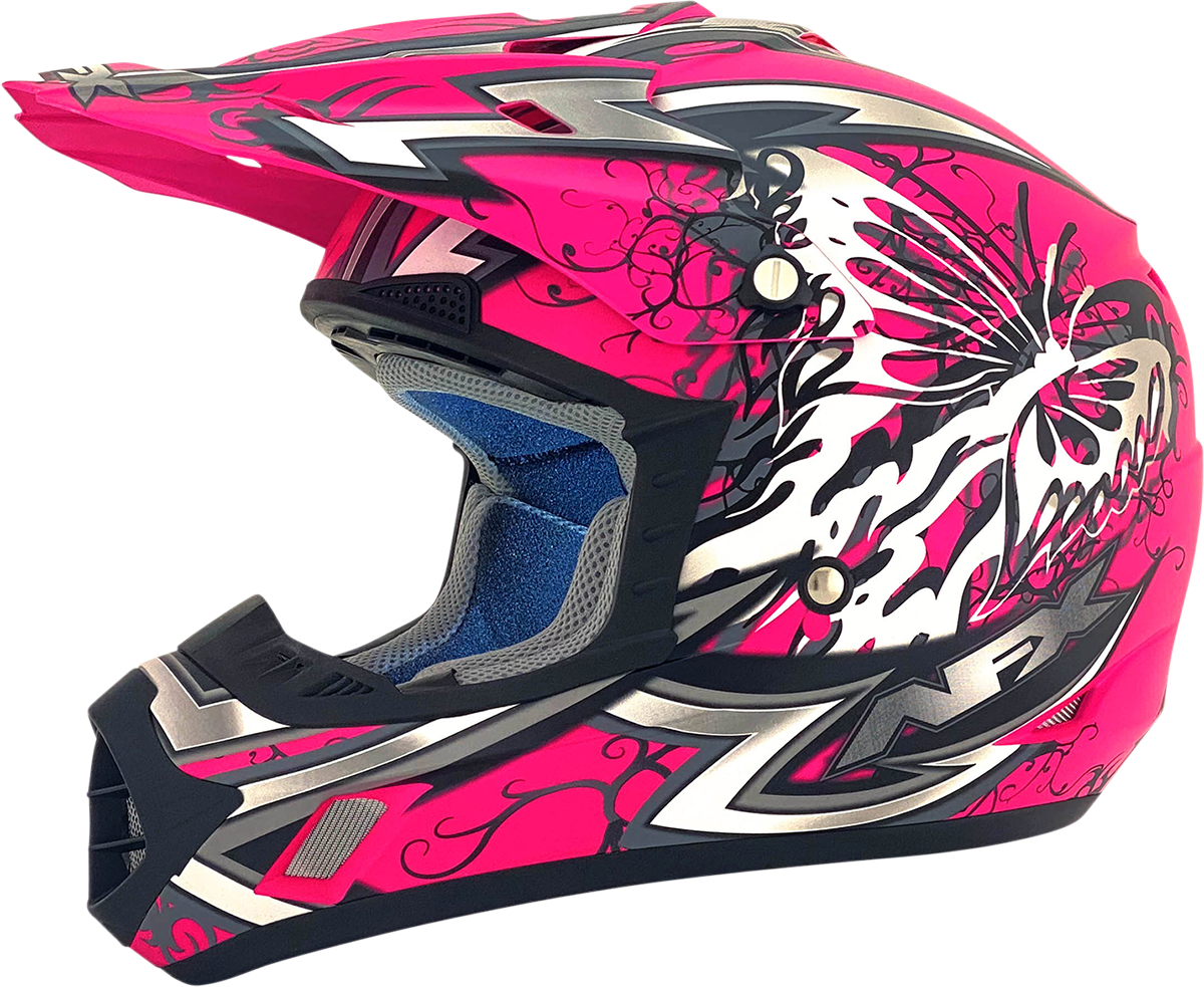 AFX FX-17 Butterfly helmet by Bill's Exhausts in matte hot pink, large size, with sleek aerodynamic design and butterfly graphics.