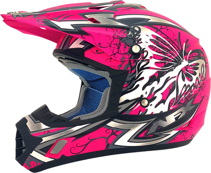 AFX FX-17 Butterfly helmet by Bill's Exhausts in matte hot pink, large size, with sleek aerodynamic design and butterfly graphics.