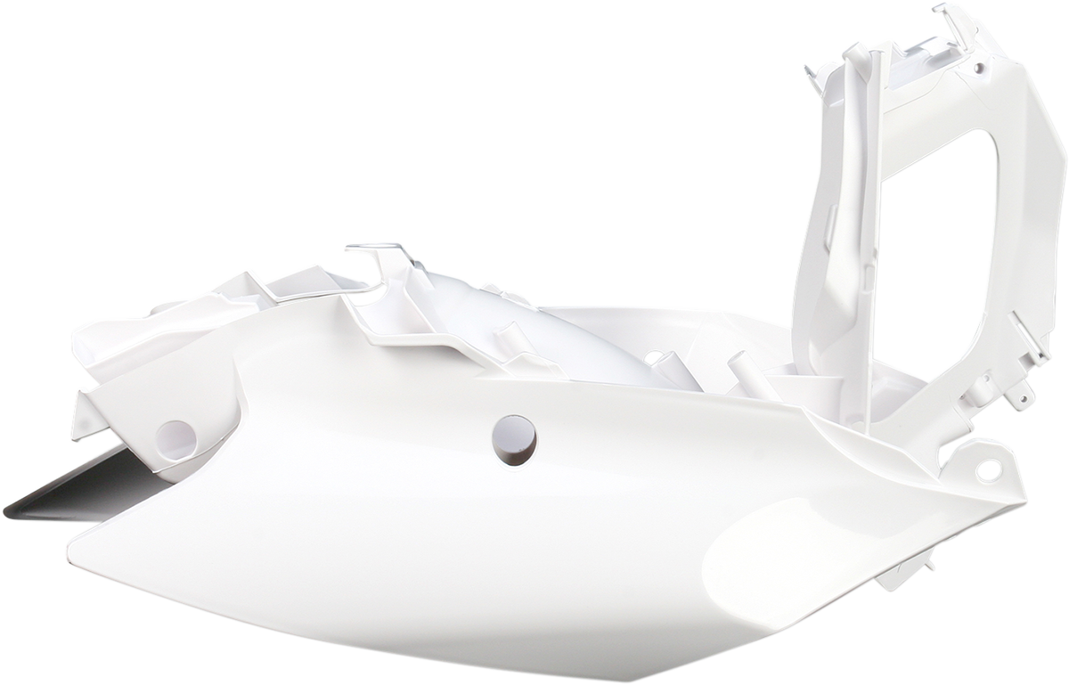 A set of white Acerbis side panels for motorcycle body, designed for compatibility with Bill's Exhausts models.