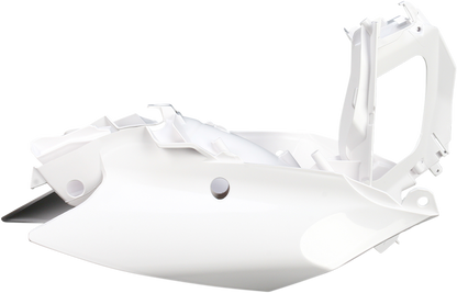 A set of white Acerbis side panels for motorcycle body, designed for compatibility with Bill's Exhausts models.