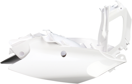 A set of white Acerbis side panels for motorcycle body, designed for compatibility with Bill's Exhausts models.