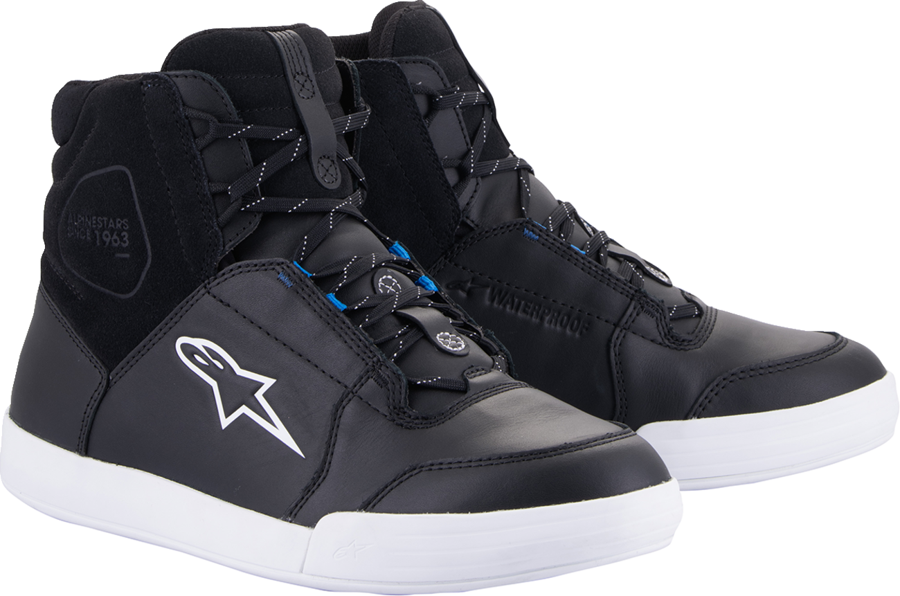 Alpinestars Chrome waterproof shoes in black and white, US 9.5, featuring sleek design and sturdy construction.