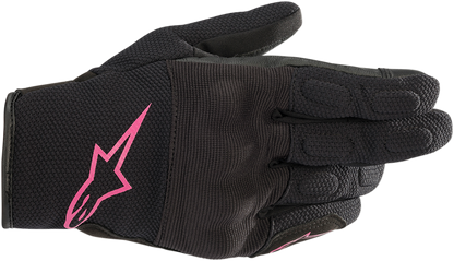 Alpinestars Stella S-Max Drystar® motorcycle gloves in black and fuchsia, small size, showing textured knuckle protection and secure wrist closure.