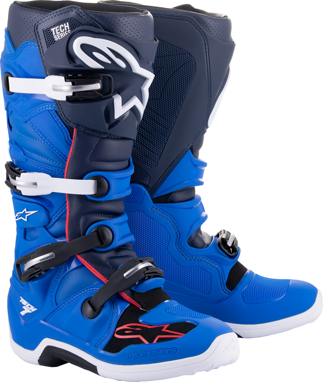 Alpinestars Tech 7 motorcycle boots in blue, red, and navy with protective features and sturdy soles, US size 12.