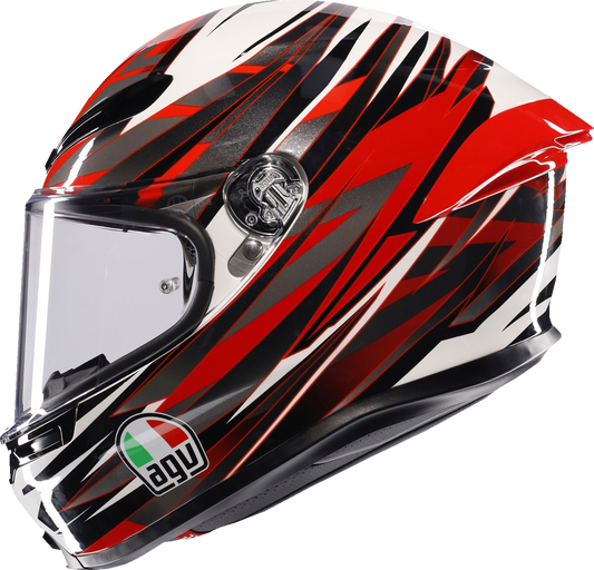 AGV K6 S helmet in white, red, and gray with XL size, featuring aerodynamic design and ventilation for motorcycle riding.