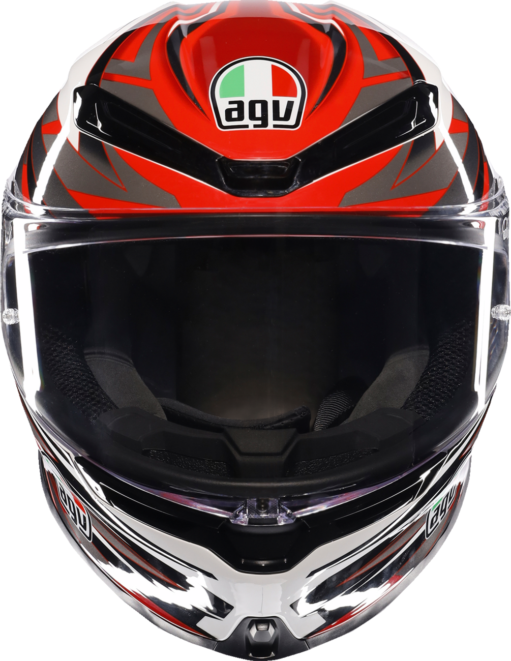 AGV K6 S motorcycle helmet in white, red, and gray, size XL, with sleek aerodynamic design and clear visor.