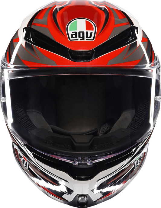 AGV K6 S motorcycle helmet in white, red, and gray, size XL, with sleek aerodynamic design and clear visor.