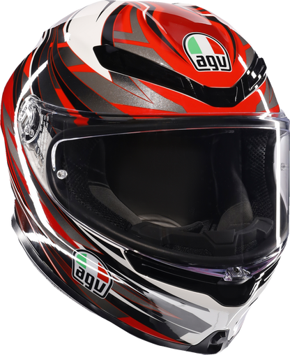 AGV K6 S motorcycle helmet in white, red, and gray, size XL, featuring aerodynamic design and ventilation vents.