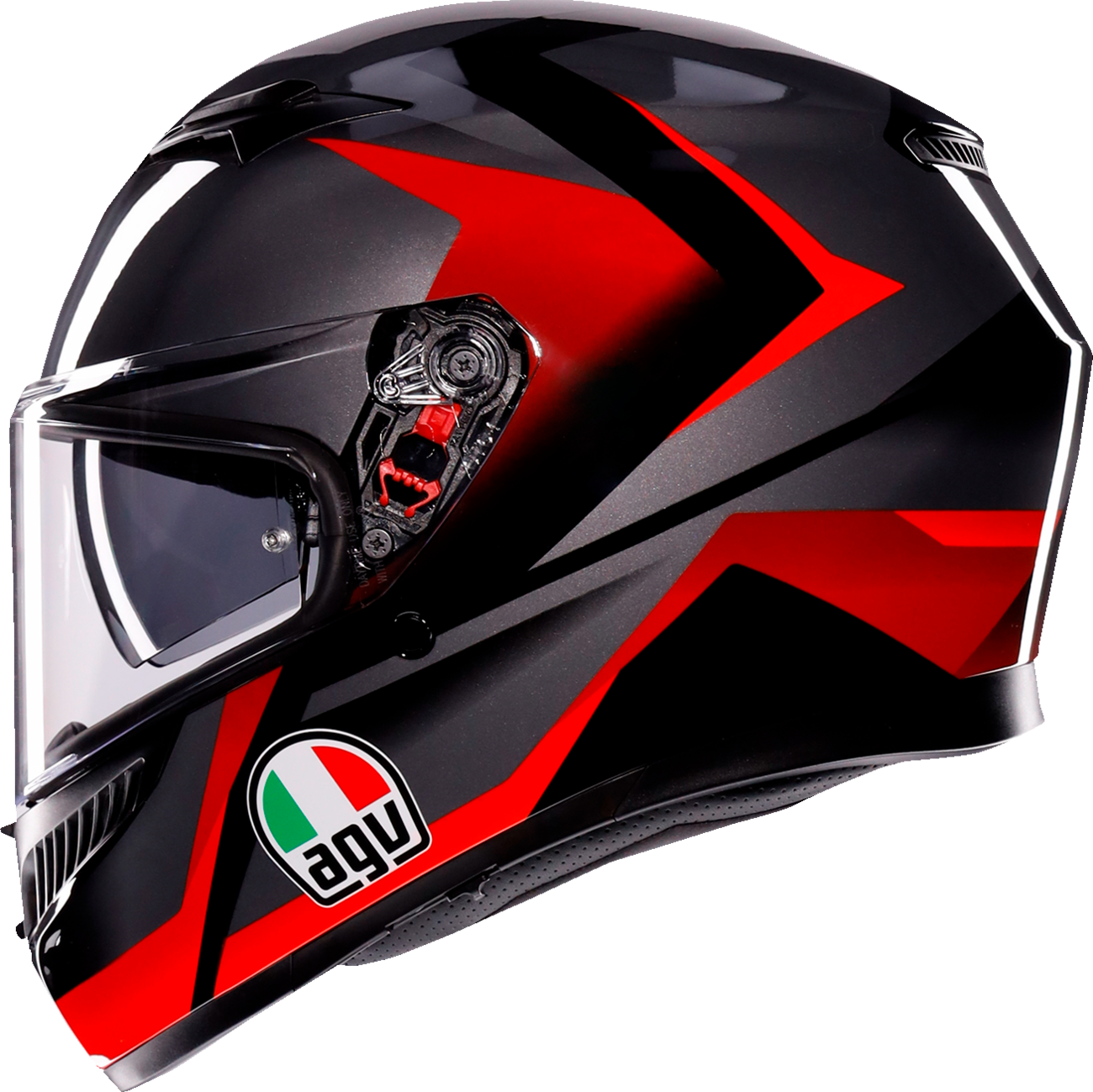 AGV K3 Striga motorcycle helmet in black, gray, and red, large size with aerodynamic design and secure chin strap.