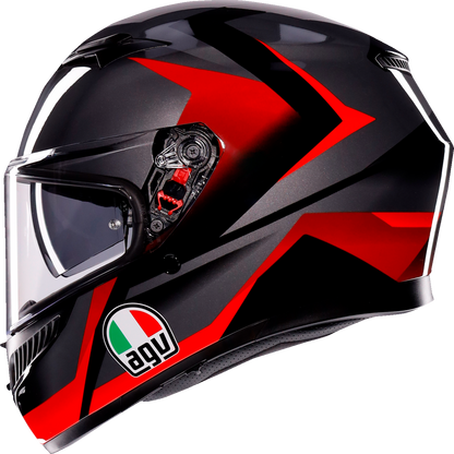 AGV K3 Striga motorcycle helmet in black, gray, and red, large size with aerodynamic design and secure chin strap.