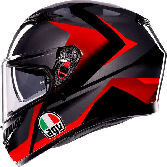 AGV K3 helmet Striga in black, gray, and red, size XL, showing aerodynamic shell and ventilation features.