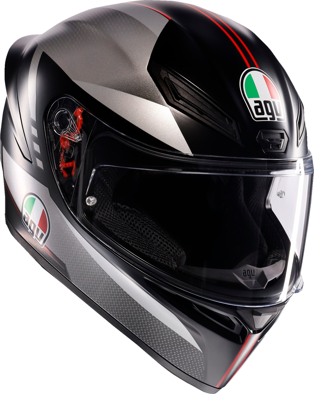 AGV K1 S matte black, gray, and red motorcycle helmet in XL size with aerodynamic design and clear visor.