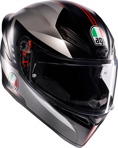 AGV K1 S matte black, gray, and red motorcycle helmet in XL size with aerodynamic design and clear visor.