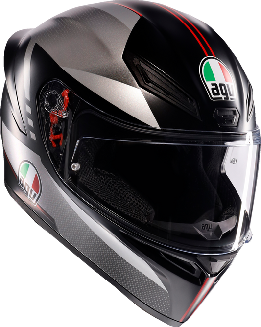AGV K1 S matte black, gray, and red motorcycle helmet in XL size with aerodynamic design and clear visor.