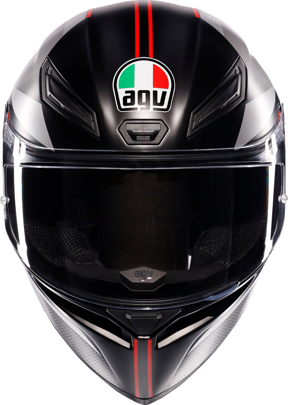 AGV K1 S matte black, gray, and red motorcycle helmet in XL size, showing the sleek aerodynamic design and ventilation features.