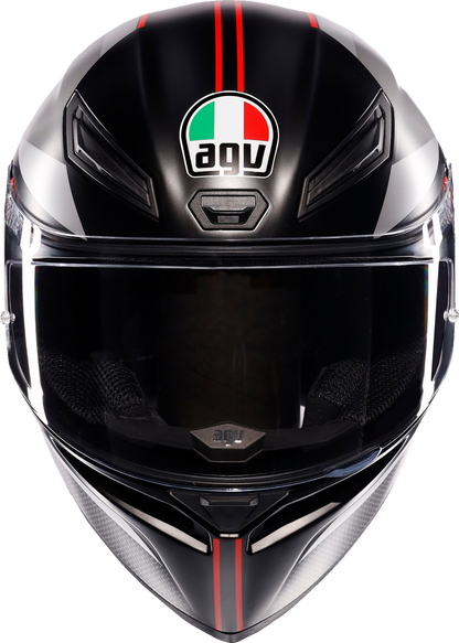 AGV K1 S matte black, gray, and red motorcycle helmet in XL size, showing the sleek aerodynamic design and ventilation features.