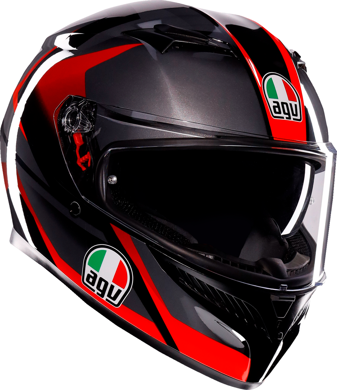 AGV K3 Striga motorcycle helmet in black, gray, and red with large size, featuring aerodynamic design and clear visor.
