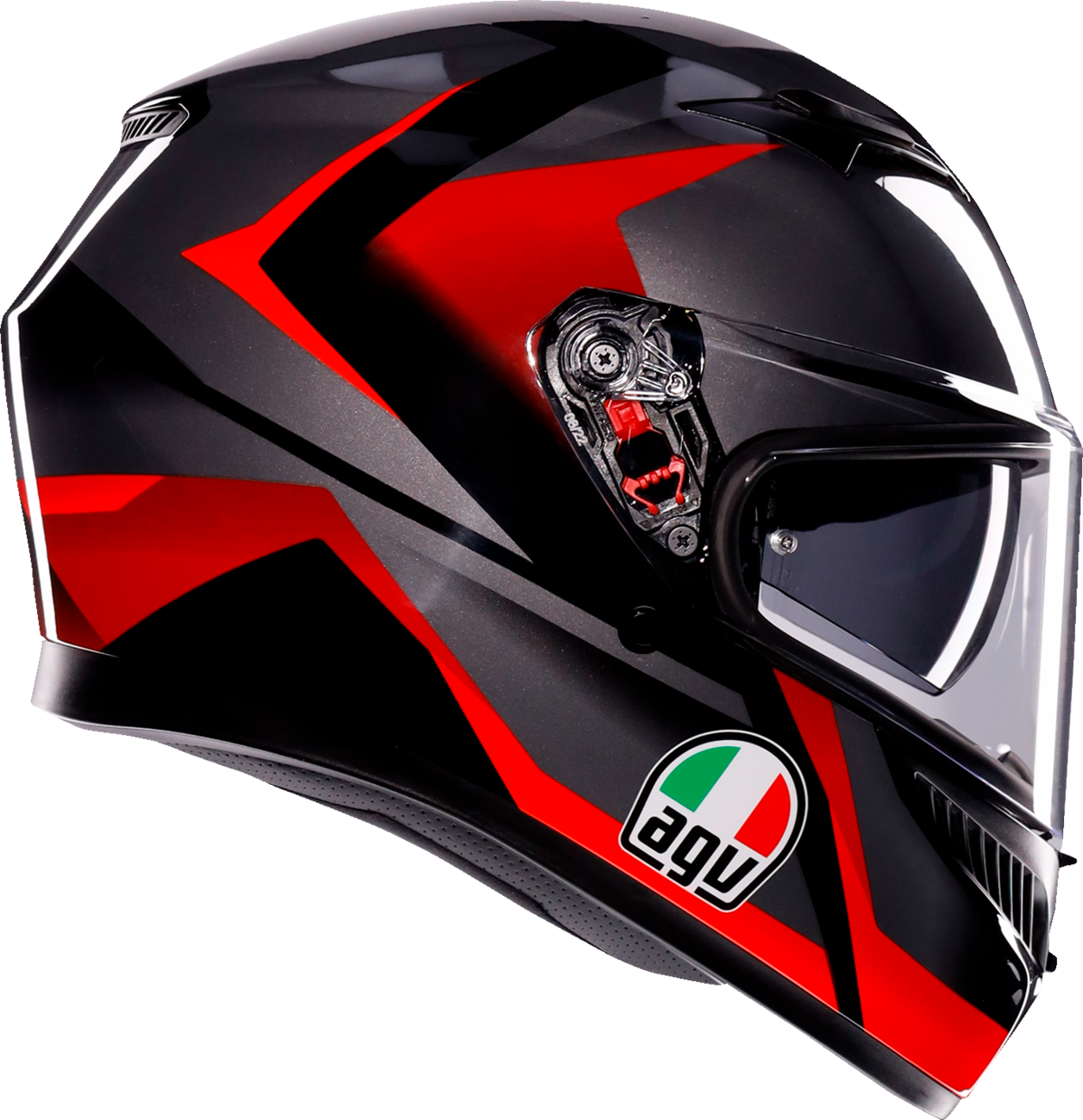 AGV K3 Striga motorcycle helmet in black, gray, and red with large size, featuring aerodynamic design and full-face coverage.