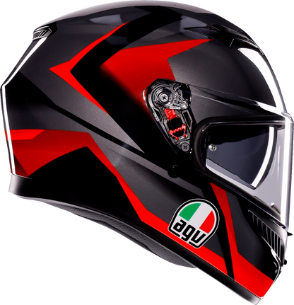 AGV K3 Striga motorcycle helmet in black, gray, and red with large size, featuring aerodynamic design and full-face coverage.